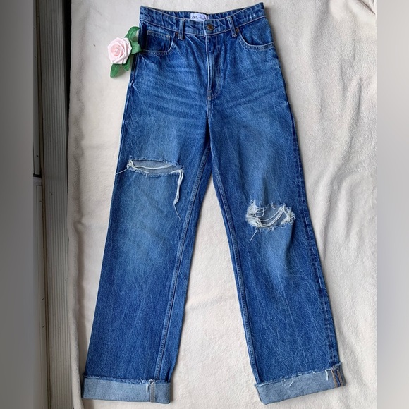 Zara Distressed Denim Wide Leg Jeans - Picture 3 of 12